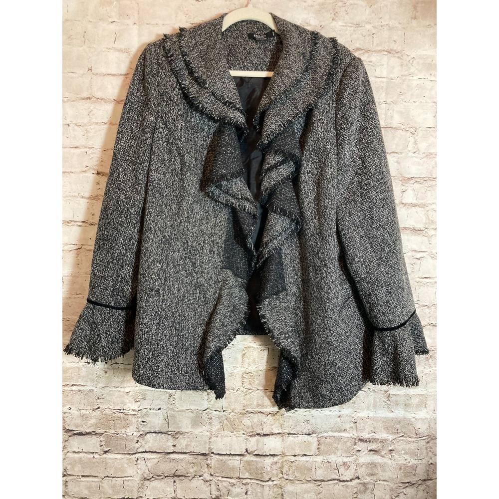 Beliza Tweed Jacket 18W Black Lagenlook Ruffle Open Front Fringe Trim Artsy Boho
